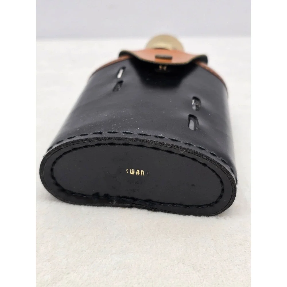 Swank Vintage Glass Flask Leather Wrap Gold Cap Barware Mid Century Black Tan OS